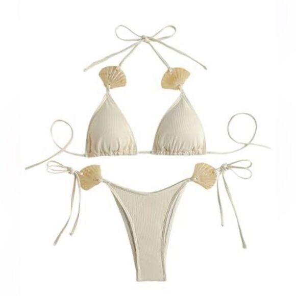RoseSeek 2 Piece Bikini shell accents, High Cut Halter Triangle String Boho NWOT - Picture 1 of 6